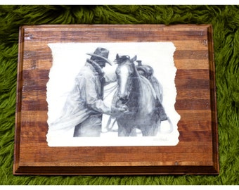 Vintage Western Lithograph Print on Wood Block - "Partners" by W.H.Ford - Cowboy - Black and White - Western Decor