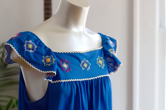 1970s Folk Floral Embroidered Slip Dress in Blue … - image 2