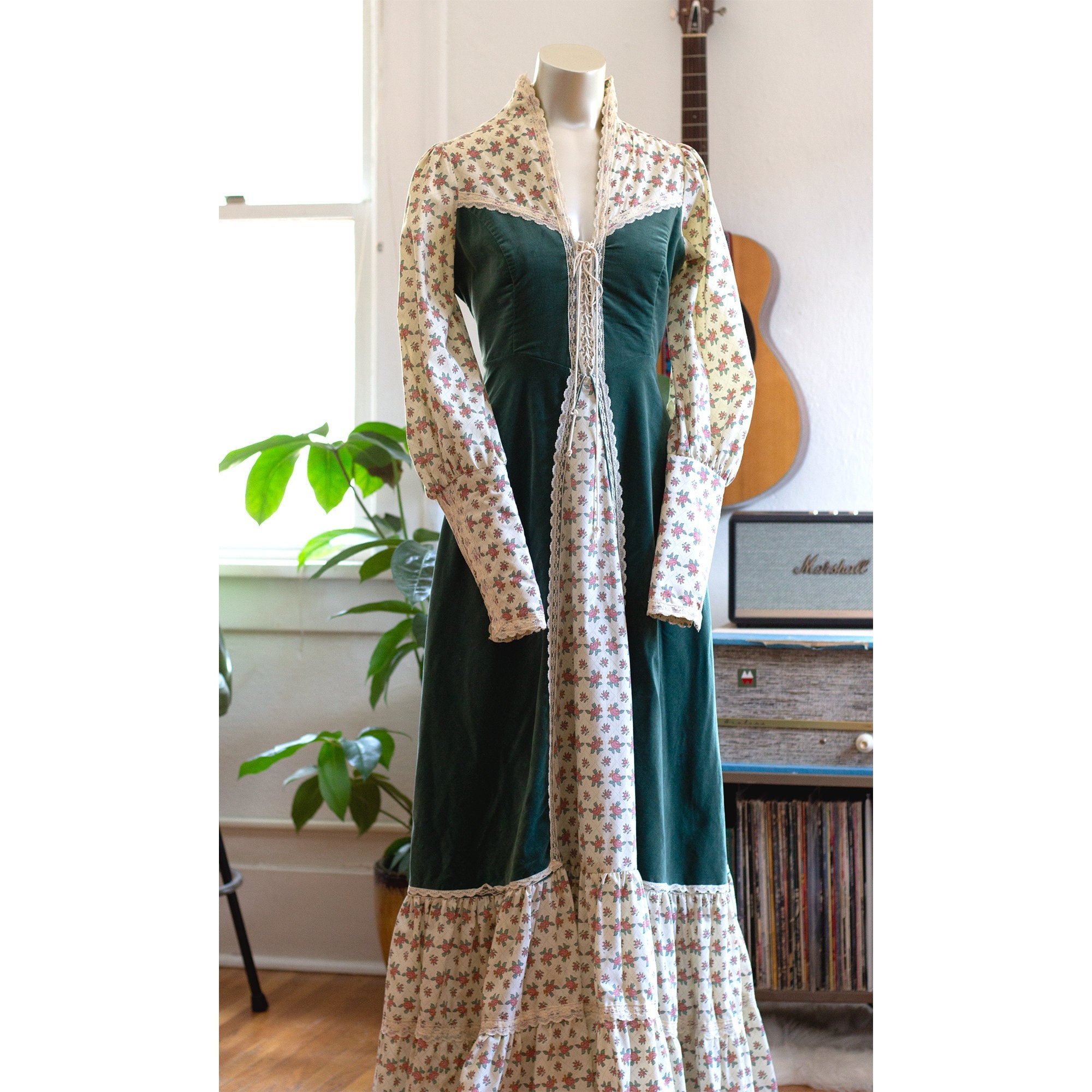 Vintage Gunne Sax Dress - Green Velvet, Calico - 1970s Vintage Gunne Sax Dress - Green Velvet, Calico - 1970s