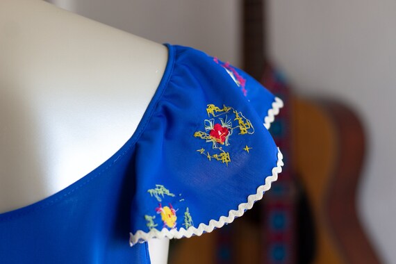 1970s Folk Floral Embroidered Slip Dress in Blue … - image 3