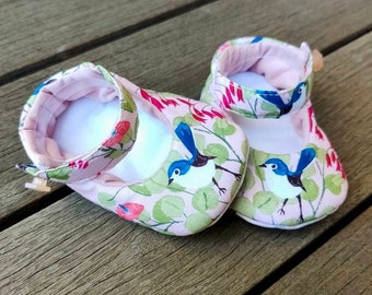 Pink baby shoes with blue and white birds to fit 0-18m, grip/fabric soft soles, pink baby shoes, Australian baby gifts, baby Mary Jane's