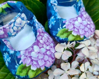 Blue and purple floral baby shoes, soft sole baby shoes, stay on baby shoes with ankle straps, soft shoes, baby slippers, lavender and blue