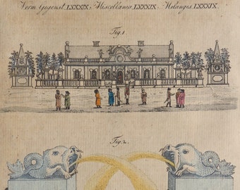 1790-1810.Antique print ICE PALACE built in Saint PETERSBURG in 1740.Copper engraving.Colored by hand.By Bertuch.9.9x7" or 25,5x18 cm