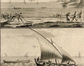 1793.Fishing with nets.Antique print.Engraving Diderot encyclopedy.Panckoucke edition.220 years old.Bernard direxit.11x7.8 ins.28x20cm.