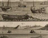 1793.Fishing with nets.Antique print.Engraving Diderot encyclopedy.Panckoucke edition.220 years old.Bernard direxit.11x7.8 ins.28x20cm.