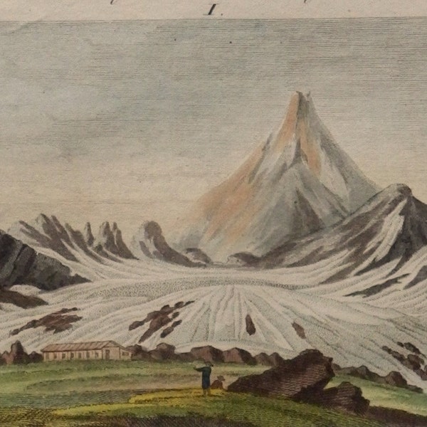 1790-1810.Antique print "REMARKABLE MOUNTAINS"The big Glockner,Schneeberg.Copper engraving.Colored by hand.By Bertuch.9.9x7.8" or 25,5x20 cm