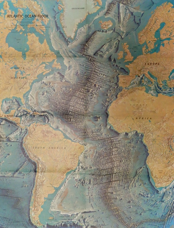 1967 Atlantic Ocean Floor Map Large National Geographic Nice Etsy