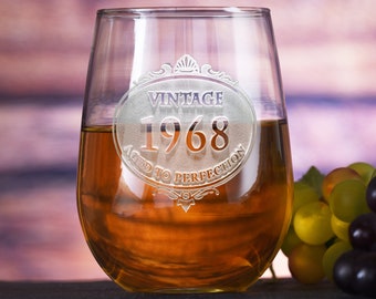 Aged to Perfection Birthday Stemless Wine Glass, Engraved Vintage Year