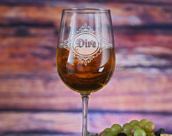 Engraved Diva Wine Glass