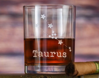 Constellation Zodiac Sign Engraved Rocks Bourbon Whiskey Glass