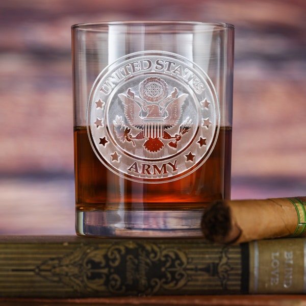 Army Whiskey, Scotch Glass, Engraved Etched Bourbon Barware