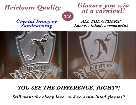 Your LOGO deep carved etched on 2 crystal Rocks Glasses engraved