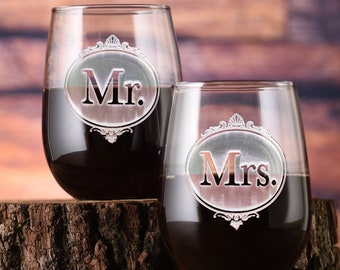 Mr. and Mrs. Stemless Wine Glass Set, Wedding Gifts for Bride and Groom