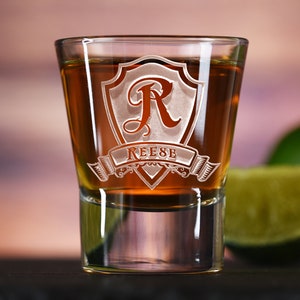 Engraved Monogram Shield and Banner Shot Glass Gift Bridal Party