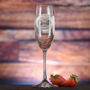Bridal Party Champagne Toasting Flutes, Bridesmaids, Groomsmen Bowtie Engraved