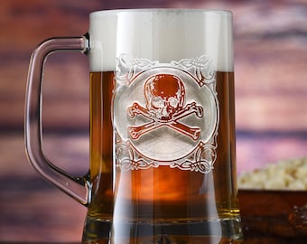 Skull and Cross Bones Beer Mug Glass, Engraved