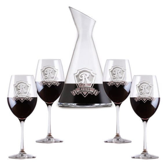 Engraved Slant Wine Carafe Decanter With 4 Wine Glasses Gift Set - Etsy
