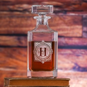 Ornate Monogram Etched Square Whiskey Decanter