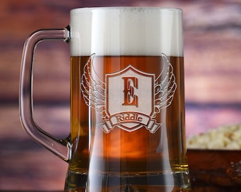 Wings and Shield Beer Mug Glass, Engraved