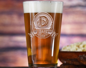 Engraved Beer Glass / Custom Craft Beer Pub / Personalized Pint Glass / Vintage Pub Glass