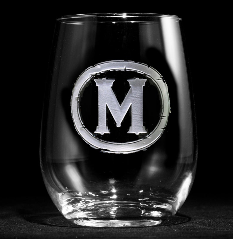 Monogram Engraved Etched Stemless Wine Glass m9 design