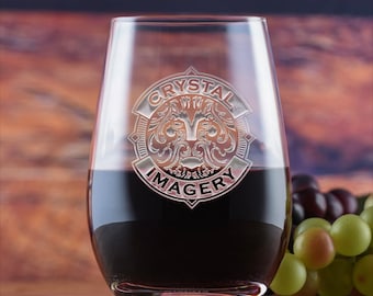 Copa de vino sin tallo de cristal con su logotipo grabado profundamente de Crystal Imagery