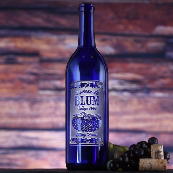 Engraved Blue Wine Bottle - Personalized Wine Bottle Gifts for Wedding