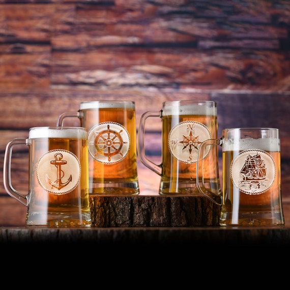 Nautical Beer Mug Set, Sailboat, Anchor, Beach House Glasses, Coastal Decor
