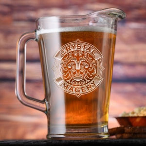 Your Logo Engraved Beer or Ice Tea Pitcher, Custom Pitcher, Etched Glassware