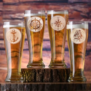 Nautical Pilsner Beer Glass Set, Sailboat, Anchor, Beach House Glasses, Coastal Decor