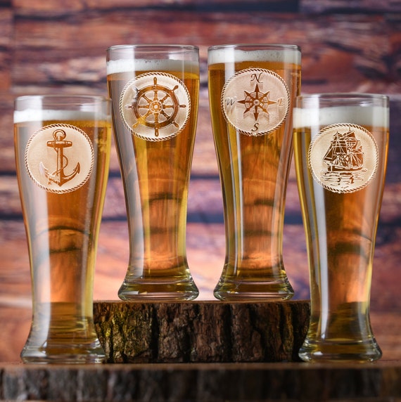 Nautical Pilsner Beer Glass Set Sailboat Anchor Beach House 