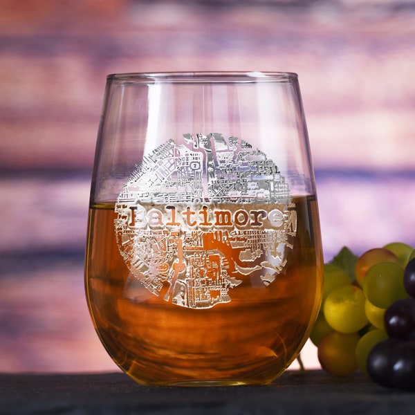 Street Maps Stemless Glassware, Hometown City Etched Stemless Wine Glass