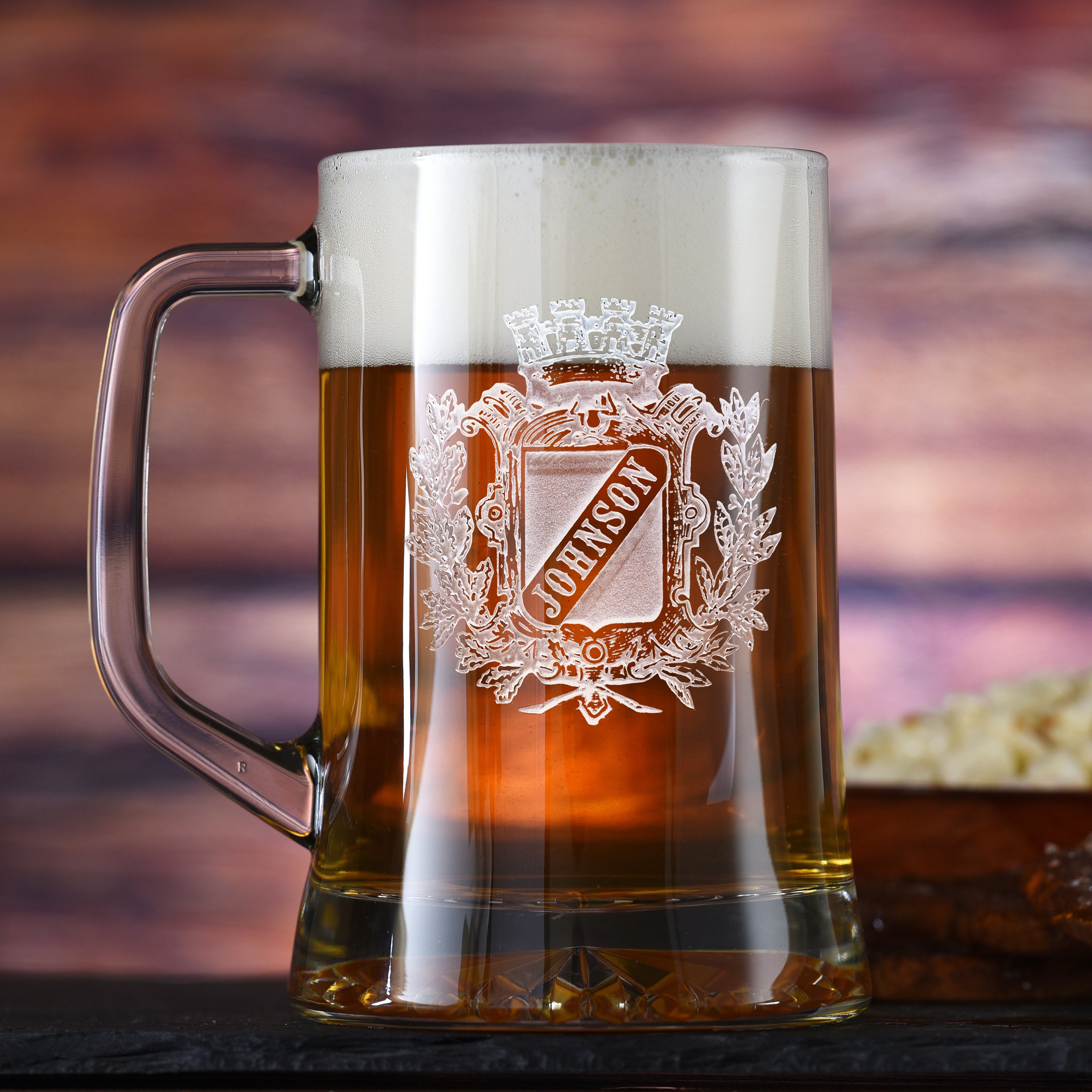 Personalized Crest Crown Beer Mug Glass Engraved Etched SET Etsy