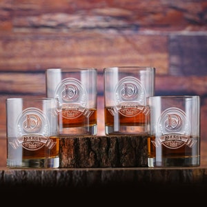 Custom Engraved Whiskey Bourbon Rocks Glasses Monogram Personalized- SET OF 4 (M8)