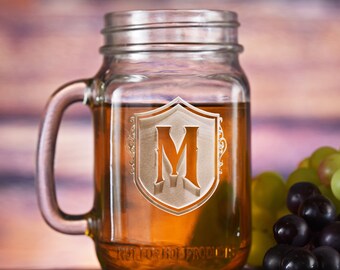 Engraved Shield Design Monogram Mason Jar Mugs, Personalized Mug Gifts