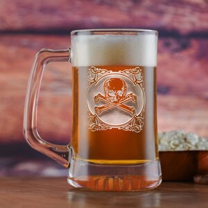 Skull and Cross Bones Beer Mug Glass, Engraved