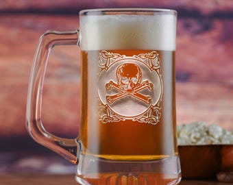 Skull and Cross Bones Beer Mug Glass, Engraved