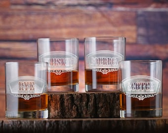 Whisky, Scotch, Bourbon, Centeno Juego de 4 vasos grabados