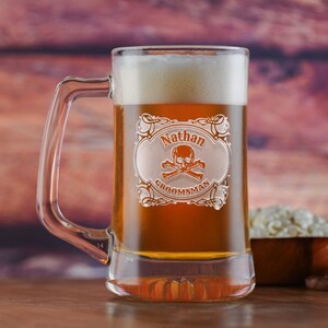 Groomsman, Best Man, Skull and Cross Bones Beer Mug Glass, Engraved