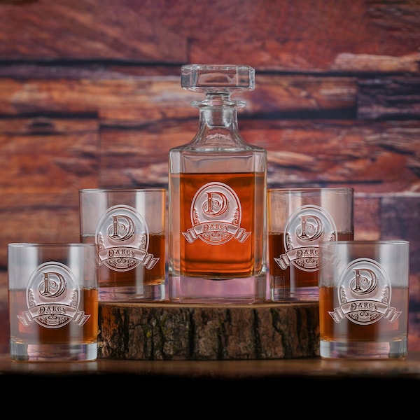 Bourbon Decanter and Glasses Gift Set of 5