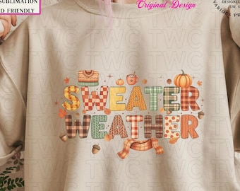 Suéter Clima PNG Cuadros Otoño Sublimación Diseño Otoño Clipart