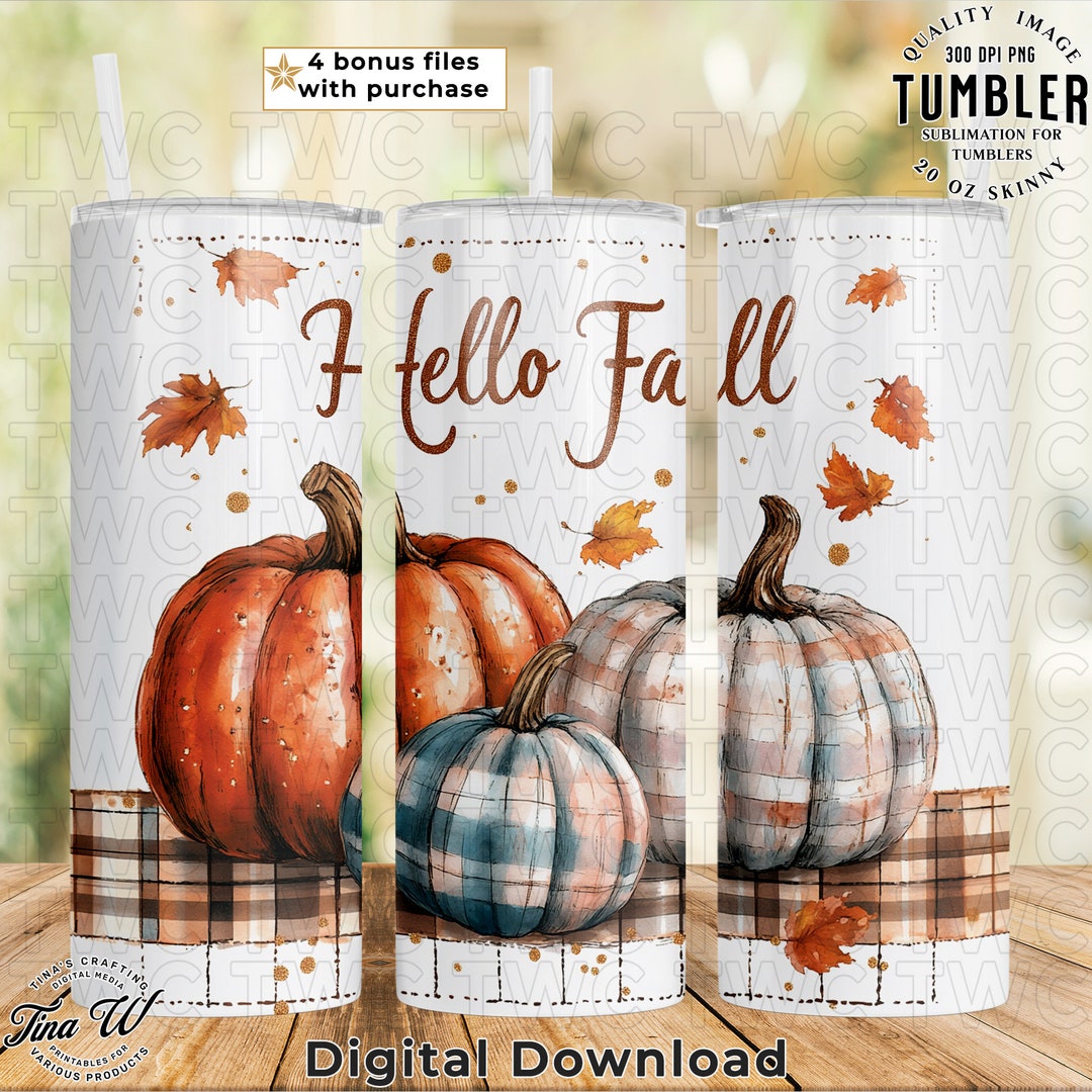 Hello Fall 20oz Skinny Tumbler Wrap PNG, Pumpkin Sublimation Design ...