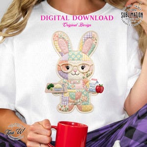 May include: White t-shirt featuring a patchwork bunny design wearing glasses and an apron, holding a tray with food, a milk carton, and an apple. Text reads "DIGITAL DOWNLOAD Original Design".