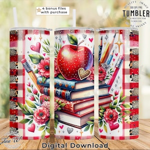 May include: A sublimation design for a 20 ounce skinny tumbler featuring a red apple, a stack of books, pencils, and floral elements on a red and white checkered background.