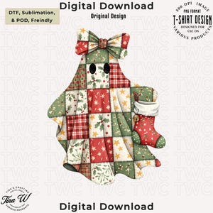 May include: A digital download design featuring a patchwork ghost with a bow, holly, and star patterns in red, green, and white. Includes a Christmas stocking with a bell. Text includes "Digital Download" and "T-SHIRT DESIGN".