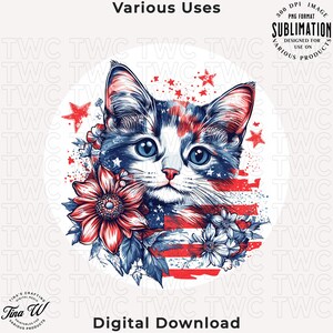 Chat patriotique PNG : effet vieilli rétro rouge blanc bleu (téléchargement numérique)