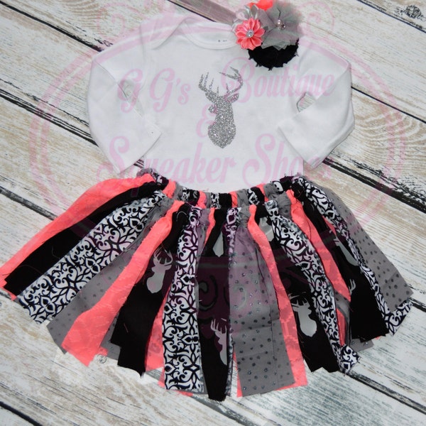 Buck Deer Head rag skirt tutu onesie set Newborn - 18 months 1st birthday outfit, photoshoot, or coming home from hospital