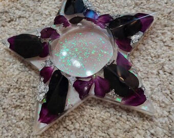 Large Star Candle Holder, Obsidian and Rose Petals Crystal Holder, Large Star Crystal Stand, Large Crystal Star Candle Holder, Obsidian