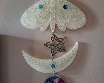 Moon and Moth Wall Hanging, Skull Art, Moon Magic,  Lunar Moth, Cresent Moon, Celestial Wall Art, Flower Skull