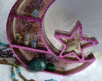 Pink and Wine Colored Resin Moon and Star Shelf, Crystal Shelf, Holographic Stars and Moon Tray, Small Shelf, Crystal Alter, Resin Art